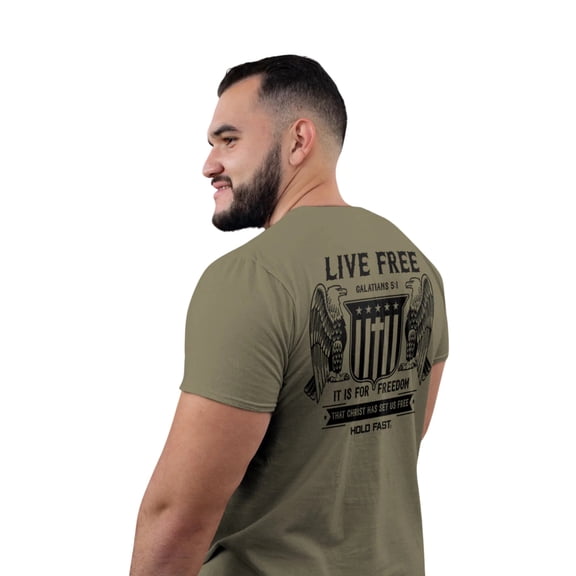 HOLD FAST Mens Short Sleeve Casual T-Shirt, Live Free Eagles, Putty, SM