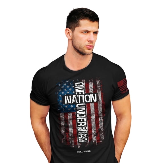 HOLD FAST Mens Short Sleeve Casual T-Shirt, One Nation Flag, Black, SM