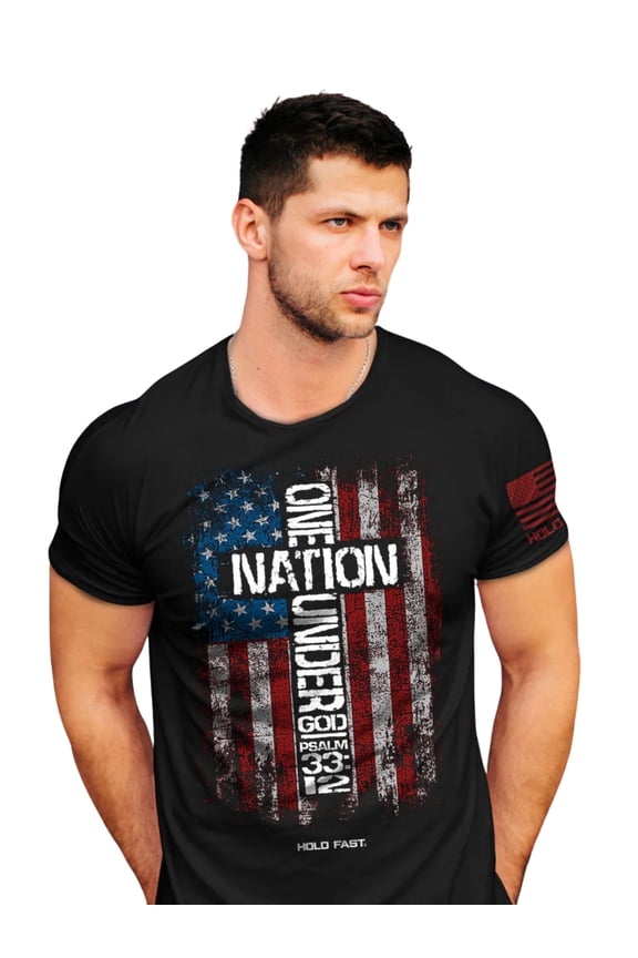 Mens Short Sleeve Casual T-Shirt, One Nation Flag, Black, LG