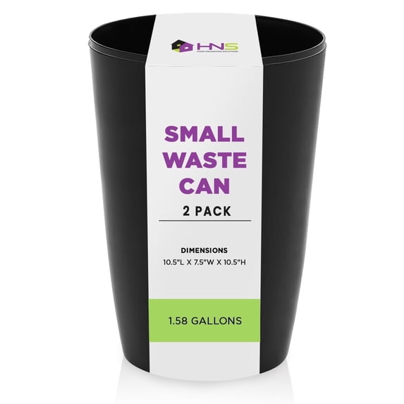 HOLD N’ STORAGE Set of 2 Small Trash Can with Open Top for Compact and Tight Spaces – 1.58 Gallon Capacity, Glossy Black