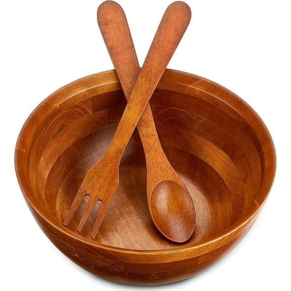HOLD N' STORAGE - Wooden  Bowl and Salad Fork / Spoon Serving Utensils -Brown Wood– 144 oz