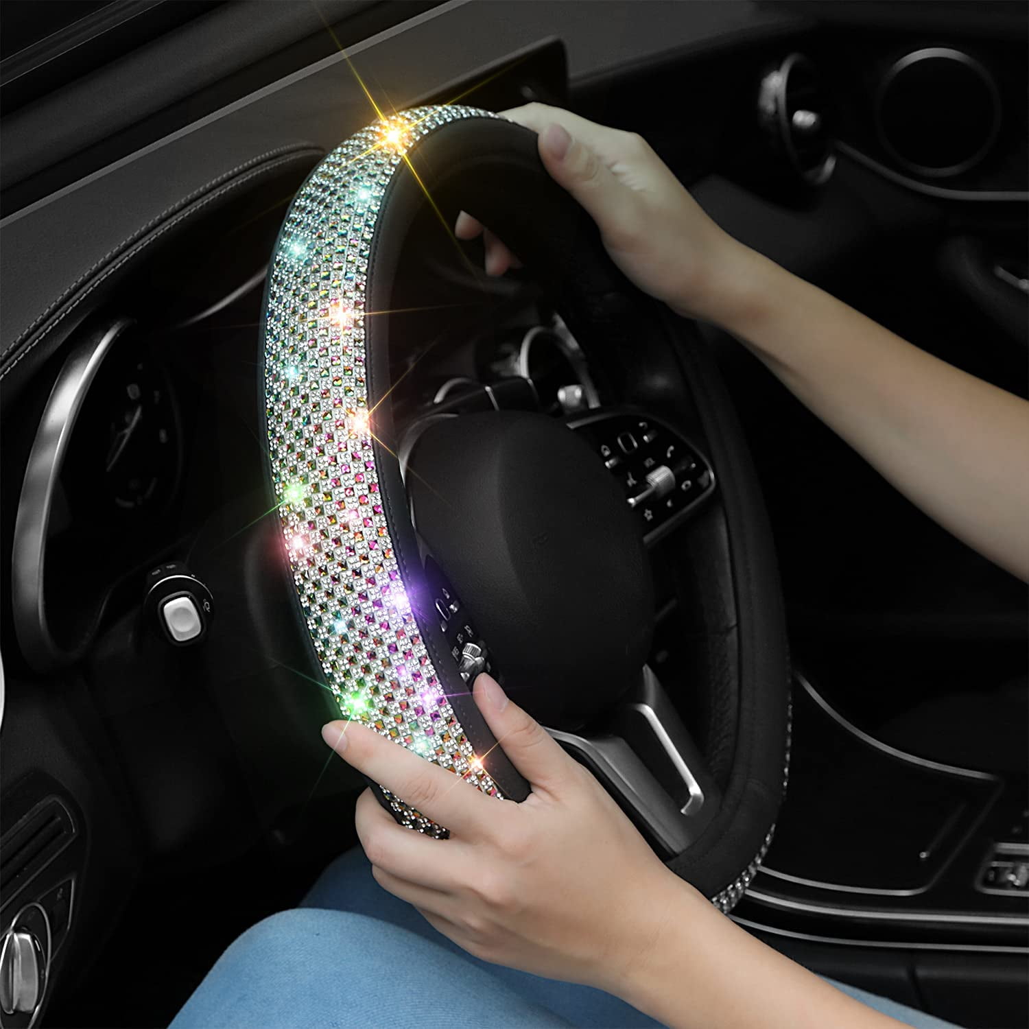 HOLDCY Steering Wheel Cover, Colorful Bling Crystal Diamond Car Wheel Protector, Compatible with