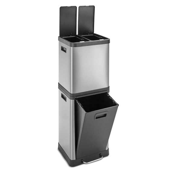 HOLDN’ STORAGE 36L Triple-Compartment Trash & Recycling Bin for Kitchen, Multi-Access Opening, Odor Control, Stainless Steel, 3 Trash Bag Rolls Included