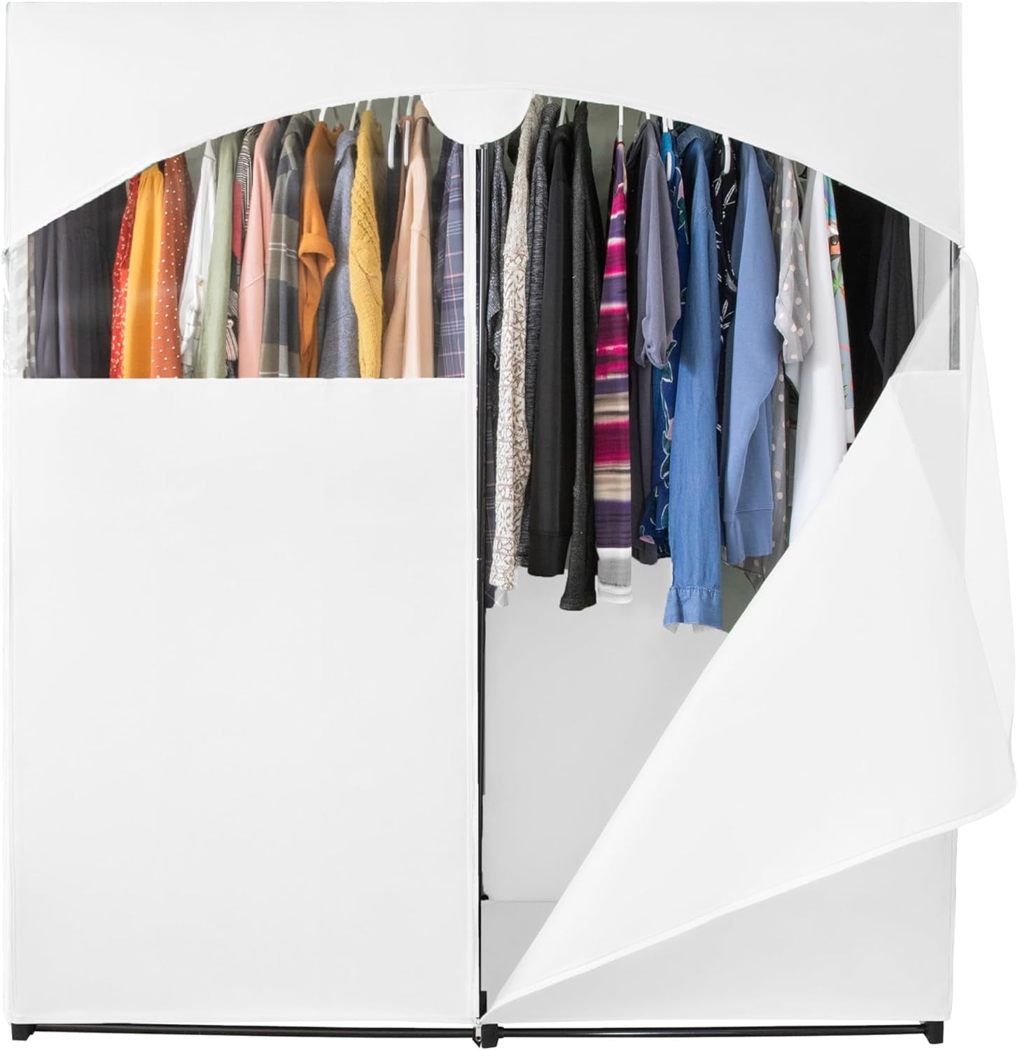 White Portable Wardrobe Closet with Metal Hanging Rod