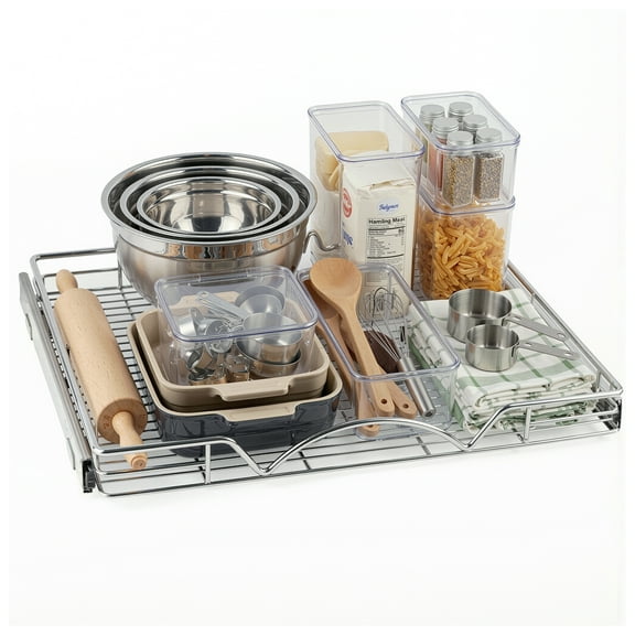 HOLDN' STORAGE Pull Out Cabinet Organizer with Steel Metal Chrome Finish 26”W x 21”D