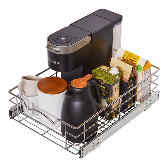 HOLDN' STORAGE Pull Out Pantry Cabinet Organizer Drawer, Anti Rust Chrome Finish - 14"W x 21"D Basket