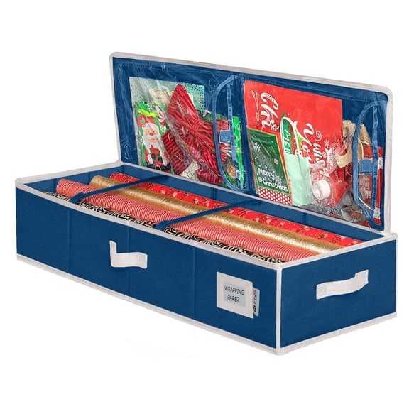 HOLDN' STORAGE Wrapping Paper Storage Container, Fits 27 Rolls Gift Wrap, Extra Pockets for Ribbons & Bows, Underbed Storage - Blue