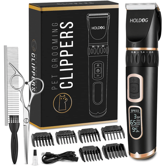 HOLDOG Dog Clippers Professional Heavy Duty Grooming Clipper 3-Speed Low Noise High Power Rechargeable Cordless Pet Tools for Small & Large Dogs Cats Pets with Thick Coats
