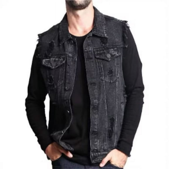 HOLEI Fashion Mens Denim Vest Jacket Sleeveless Pockets for Casual Wear Top Vest Black XL