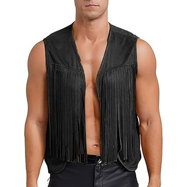 HOLEI Men Cowboy Tassel Solid Color Vest Faux Suede Leather Fringe Waistcoat Sleeveless Open Front Vest Jacket Black M