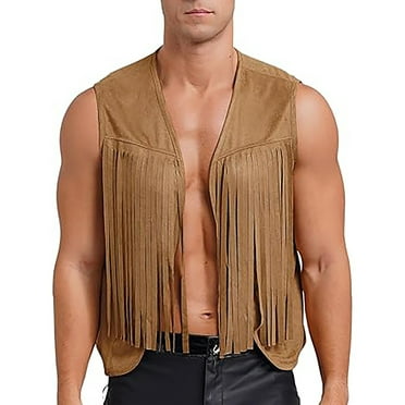 HOLEI Men Cowboy Tassel Solid Color Vest Faux Suede Leather Fringe Waistcoat Sleeveless Open Front Vest Jacket Khaki M