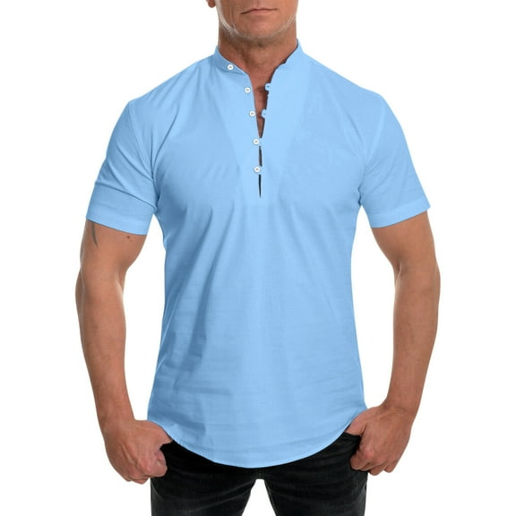 HOLEI Men Summer Solid Stand Collar Short Sleeve Casual Loose Shirt for Men Light Blue 2XL