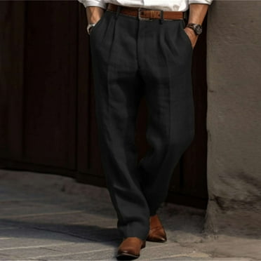 HOLEI Men's Linen Double Pleated Front Bag Straight Tube Solid Color Comfortable Breathable Casual Everyday Holiday Fashion Pants Black M