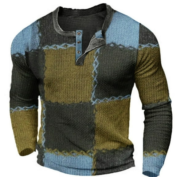 HOLEI Men's Long Sleeve Plaid Printed Button Fashion Casual Crew Neck T Shirt, Yellow 3XL