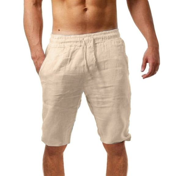 HOLEI Men's Summer Casual And Fashionable Solid Cotton Linen Shorts Beige XL
