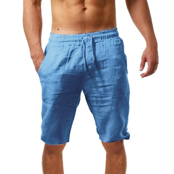 HOLEI Men's Summer Casual And Fashionable Solid Cotton Linen Shorts Dark Blue M