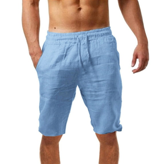 HOLEI Men's Summer Casual And Fashionable Solid Cotton Linen Shorts Sky Blue XL