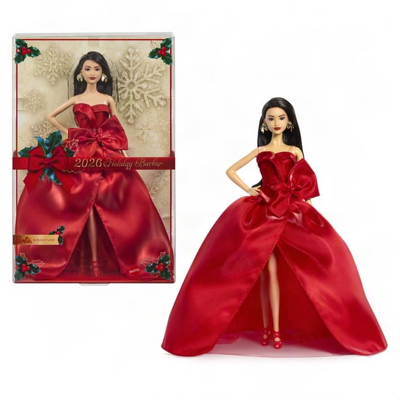 Barbie Signature 2026 Holiday Barbie Fashion Doll, Seasonal Collector, Dark Brown Hair with Red Gown with Bow Detail