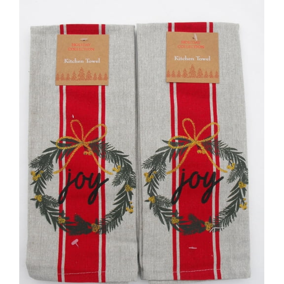 HOLIDAY COLLECTION - JOY CHRISTMASY WREATH - 2 KITCHEN TEA TOWELS