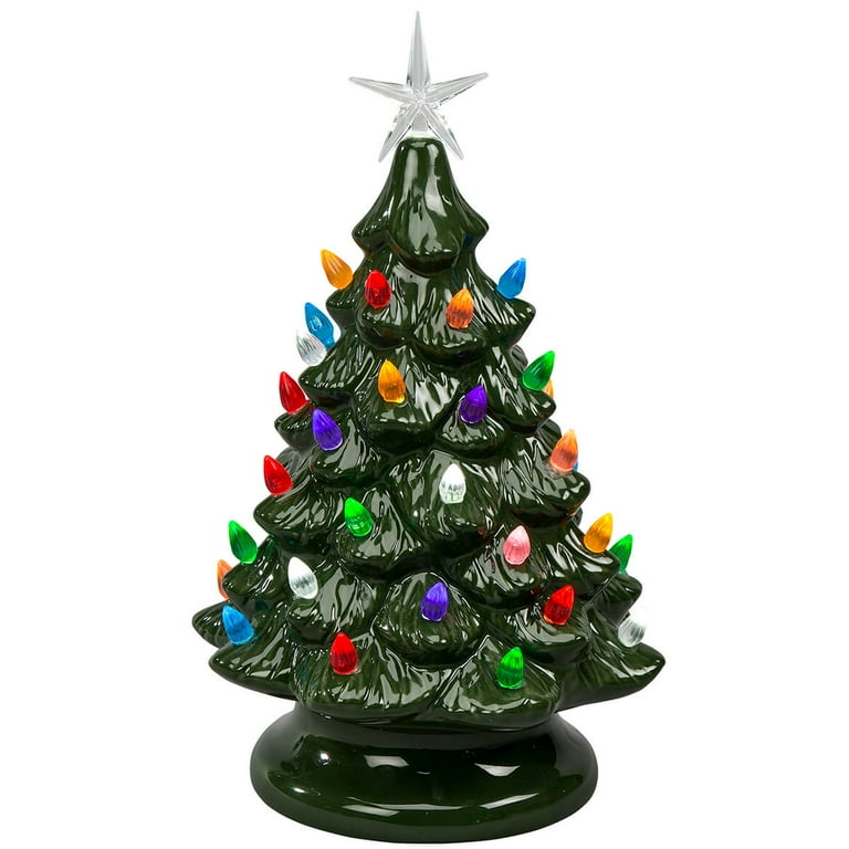 HOLIDAY PEAK Battery Operated Vintage Style Ceramic Christmas Tree Nostalgic Holiday Decor Green 13 High