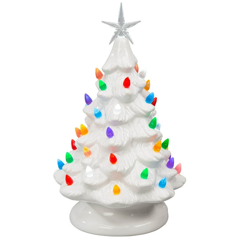Holiday Peak Battery-Operated Vintage-Style Ceramic Christmas Tree, Nostalgic Holiday Décor, White, 13 High