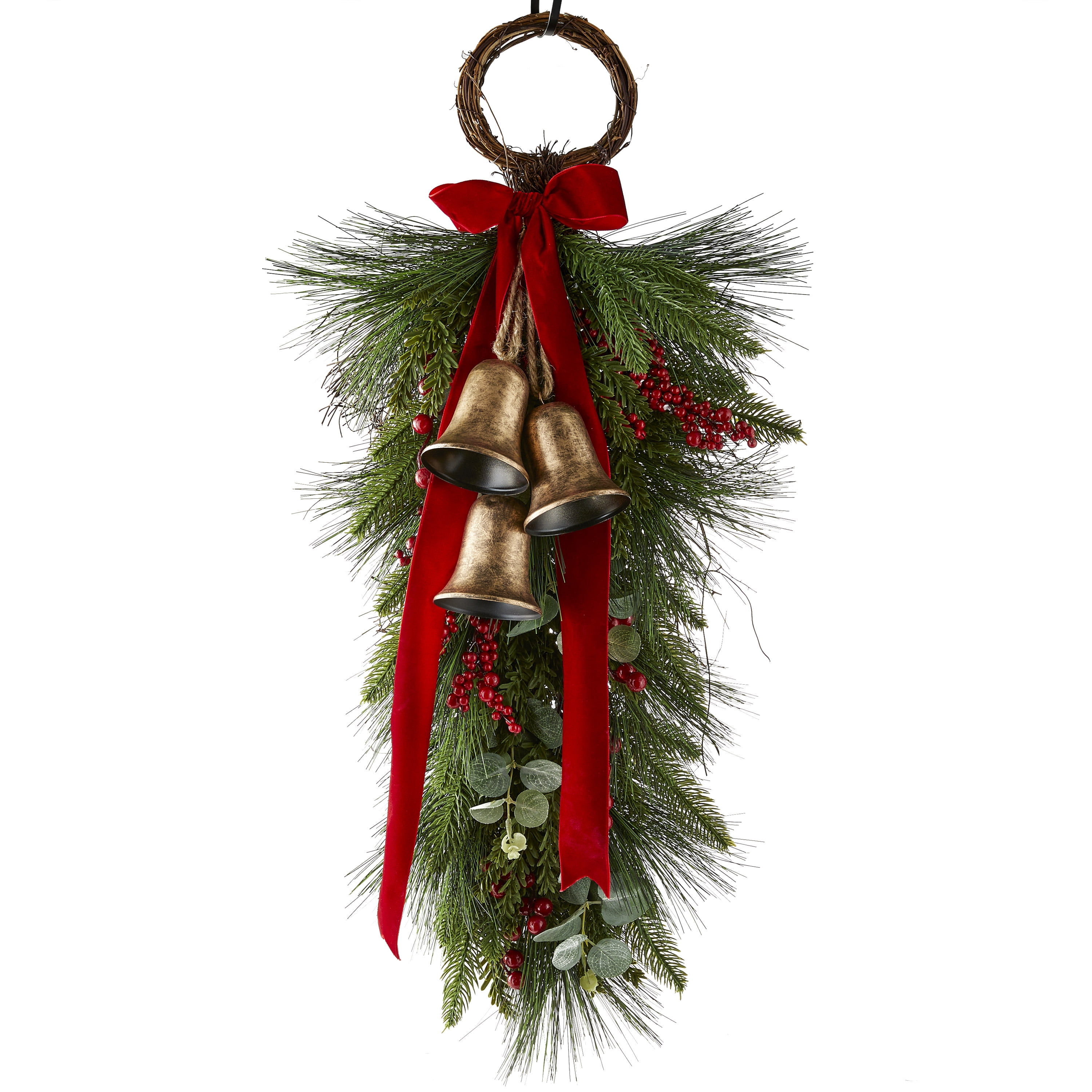 Unlit Pine and Berries Teardrop Christmas Wreath Decor, 30" x 16", 25 oz, Holiday Time