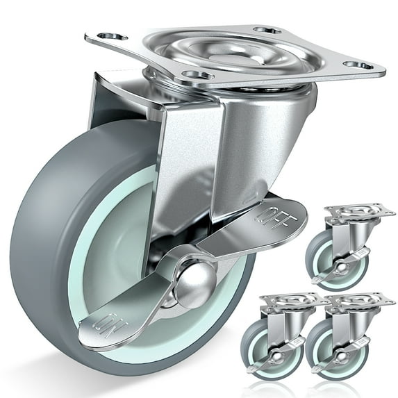 HOLKIE 3 inch Caster Wheels with Side Brakes, TPR Swivel Casters Set of 4 for Workbench Furniture or Other Equipments Load Capacity 500LBS