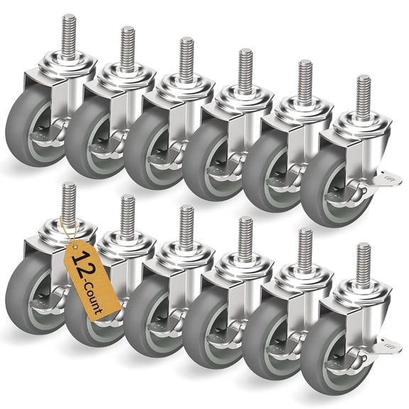 HOLKIE 3 inch Side Locking Stem Caster Wheels,3/8" -16 x 1-1/2" Threaded Swivel Casters Set of 12 Heavy Duty Casters,Gray