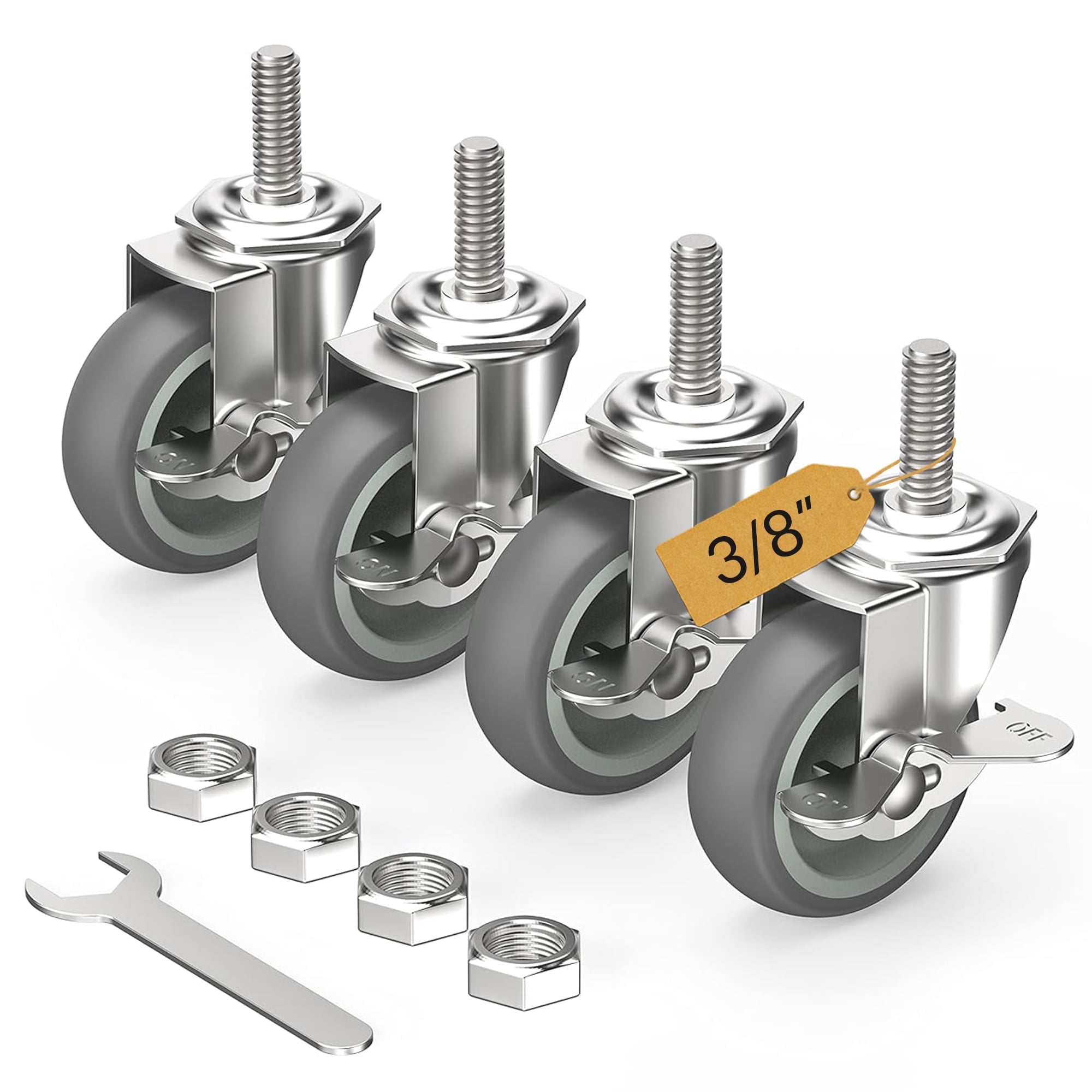 HOLKIE 3 inch Side Locking Stem Caster Wheels,3/8" -16 x 1-1/2" Threaded Swivel Casters Set of 4 Heavy Duty Casters,Gray