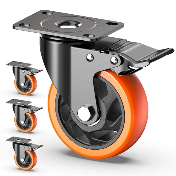 HOLKIE 4 inch Swivel Caster Wheels with Safety Total Lock,(4 pack)360 Degree Heavy Duty Plate Casters,Orange