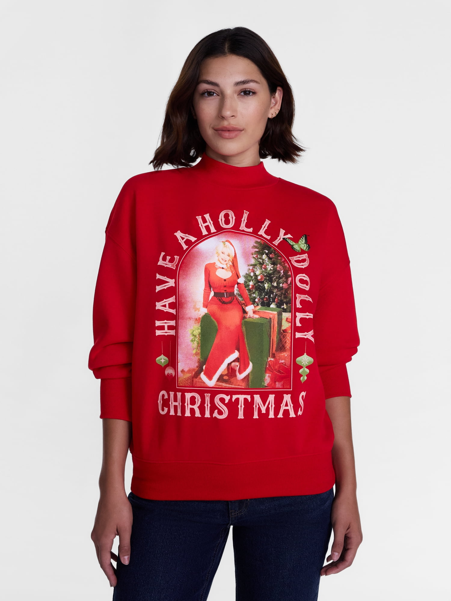 Dolly Parton Women's and Women's Plus Christmas Mock Neck Sweatshirt, Sizes XXS-4X