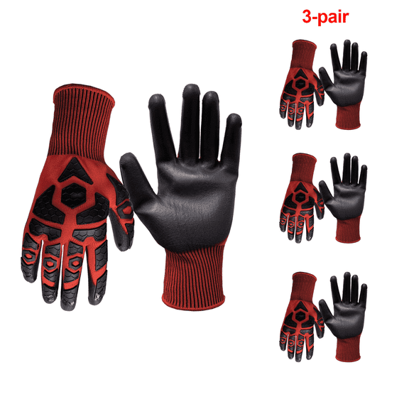HOLLY Micro Impact Protection Work Gloves, Polyester Liner, PU Dipped, Non-Slip, 3 Pairs, Large