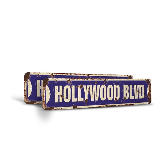 HOLLYWOOD BLVD Vintage Style Rustic Street Sign – (2 Pack) California Boulevard CA Tinsel Town Retro Decorative Wall Sign for Home, Bar, Garage, or Outdoor Use | 4" X 18" Aluminum Metal