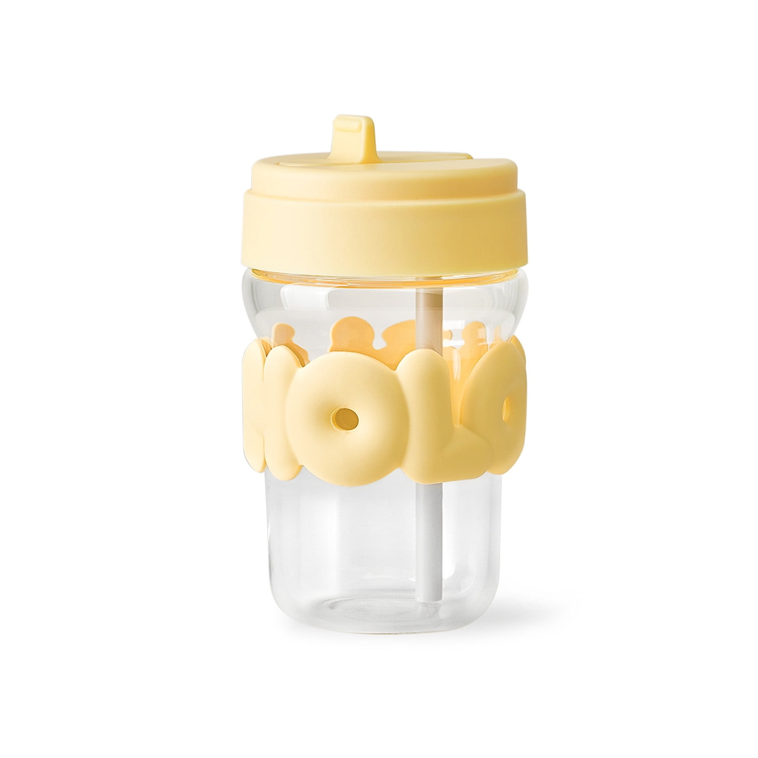 HOLOHOLO Lipstick Sip Glass Water Bottle with Straw 12oz Leak-Proof, High Borosilicate Glass For Hot & Cold Drinks, On-the-Go Coffee Cup (Yellow)
