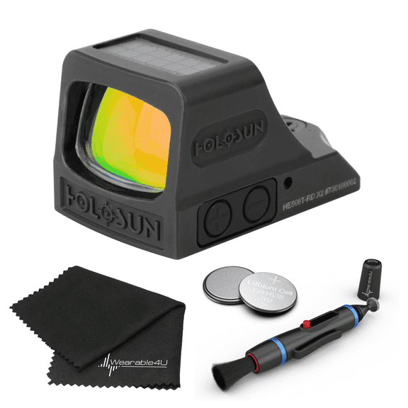 HOLOSUN HE508T-X2 Elite Red Dot Circle Dot; 2 MOA Dot with Lens Cleaning Pen, Extra CR1632 Battery and W4U Lens Cleaning Cloth Bundle