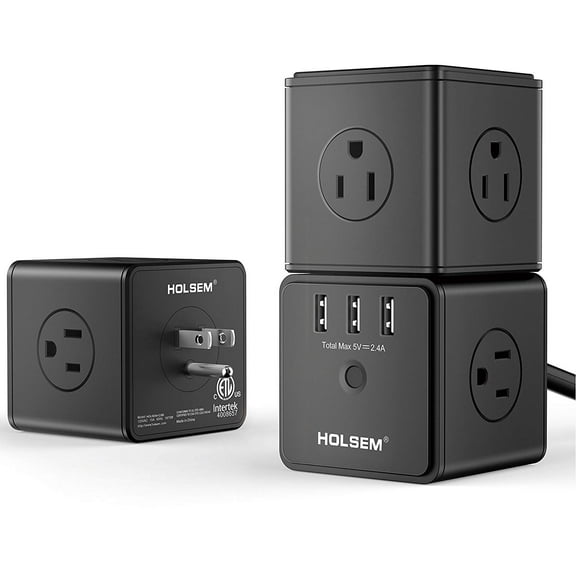 HOLSEM Power Cube Surge Protector 14 AC outlets, 3 Smart USB Ports (5V/2.4A) and 6' Heavy Duty Extension Cord, Black (3 Pack)