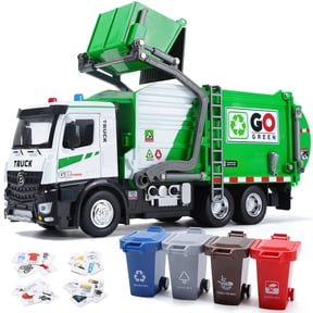 HOLYFUN 12'' FrictionPowered Garbage Truck Toy, Recycling Vehicle with Metal Cab, Front Loader, Lights & Sounds, Includes 4 Trash Bins & Sorting Cards for Kids