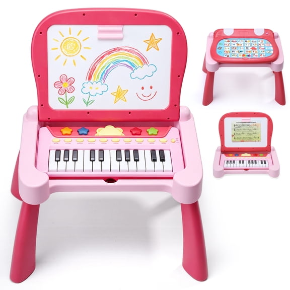 HOLYFUN 3-in-1 Kids Activity Table with Piano, Drawing Board & Learning Cards, Educational Toddler Learning Desk with Storage, Interactive Music & Learning Toy for Boys & Girls
