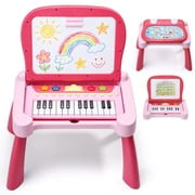 HOLYFUN 3-in-1 Kids Activity Table with Piano, Drawing Board & Learning Cards, Educational Toddler Learning Desk with Storage, Interactive Music & Learning Toy for Boys & Girls