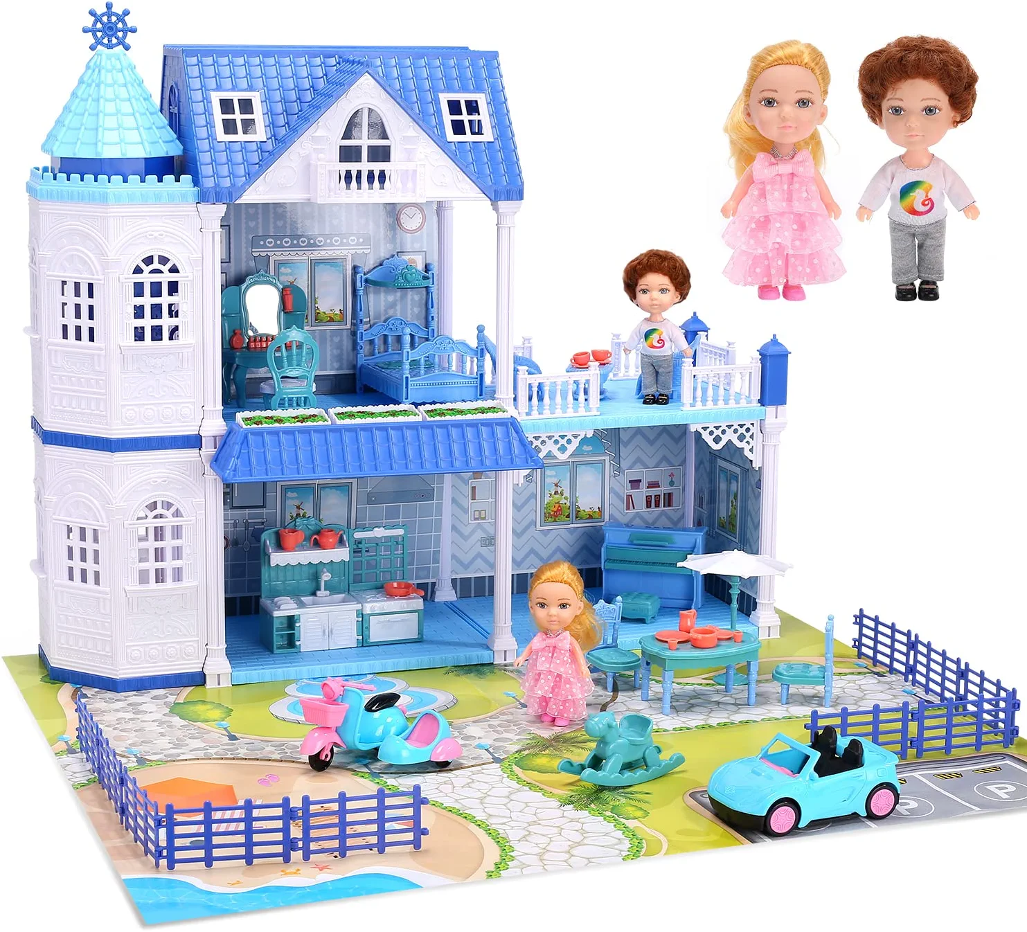 HOLYFUN Blue Dollhouse Dreamhouse with 2 Dolls,Flashing Lights,Movable ...