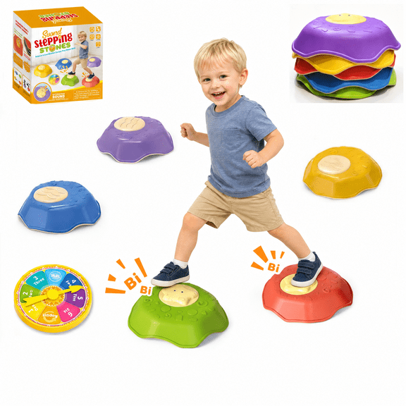 HOLYFUN Sound Stepping Stones for Kids, Non-Slip Sensory Balance Toy with Whistle Sound & Game Spinner, Indoor Outdoor Equipment for Boys Girls