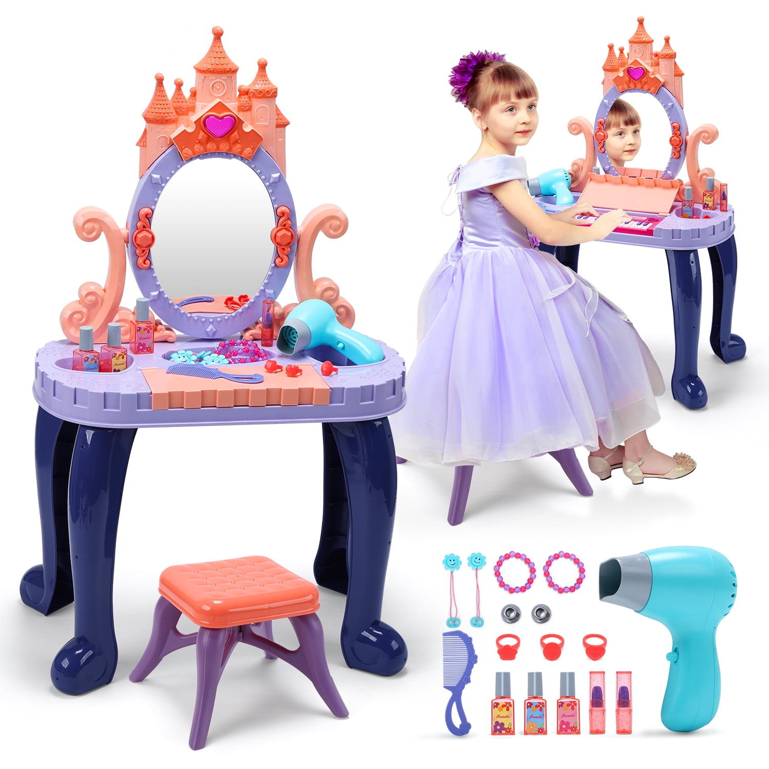 HOLYFUN Toddler Vanity Makeup Table with Mirror and Chair, Kids Makeup