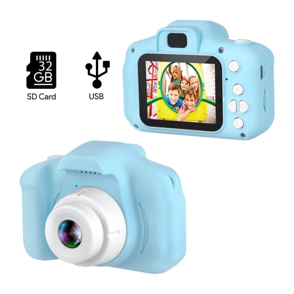 HOM Kids Camera - 1080p Digital Camera for Kids with Soft Silicone Body and Hand Strap - 32GB SD Card Included (Blue)