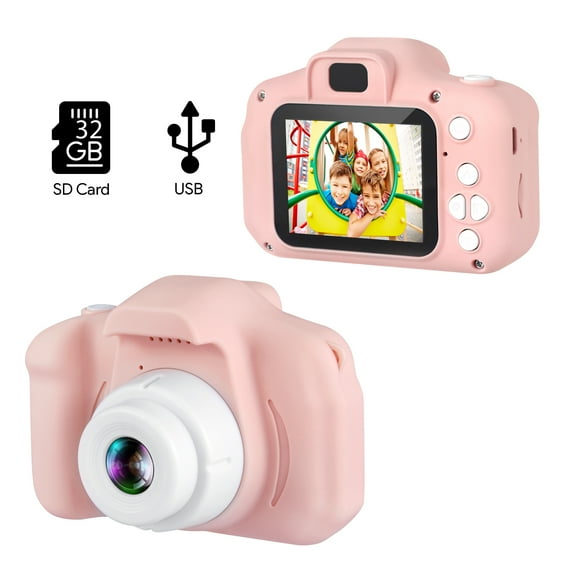 HOM Kids Camera - 1080p Digital Camera for Kids with Soft Silicone Body and Hand Strap - 32GB SD Card Included (Pink)