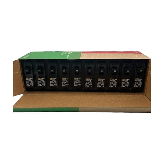 HOM120 Mini Circuit Breaker, Homeline, 20A, 1 Pole, 120/240VAC, 10kA AIR, Standard Type, Plug in, UL (10 Pack)