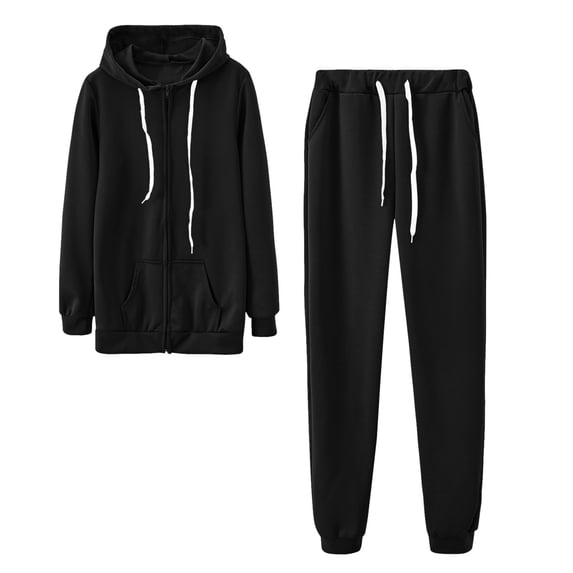 HOMADLES 2 piece Sweatsuits for Women Lounge Set Zipper Solid Loose Pullover Hoodies and Elastic Waist Baggy Jogger Sweatpant, Workout Sets A Black L