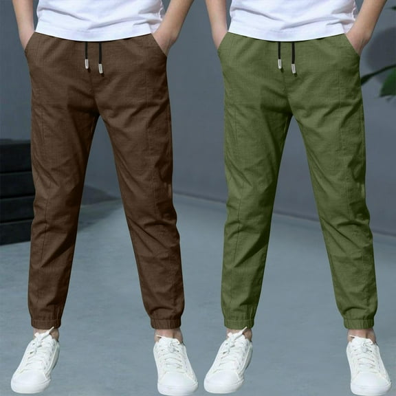 HOMADLES 2Pc Boys Children Sports Pants for Boy Linen Lightweight Solid Stretch Workout Outdoor Drawstring Casual Pants Brown 7 T