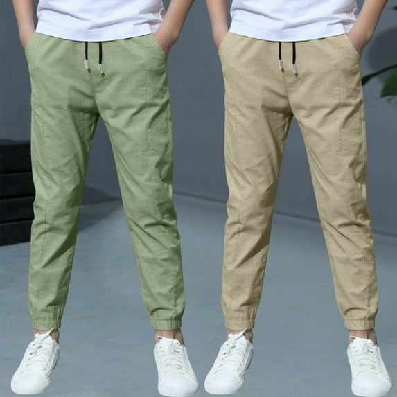 HOMADLES 2Pc Boys Joggers Pants for Teens Boys Linen Athletic Hiking Breathable Stretch Casual Sweatpants Pants Green 7 T