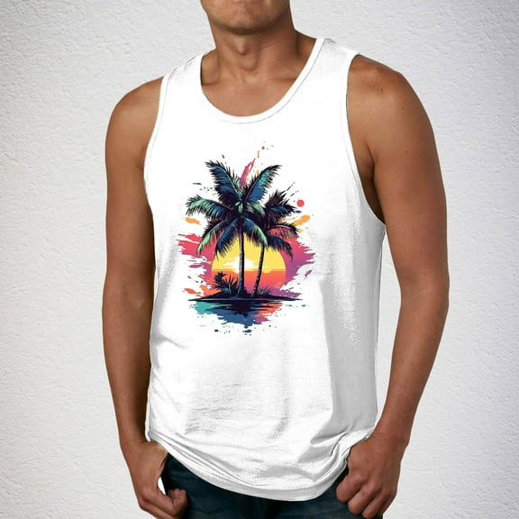 HOMADLES Mens Tank Tops Gym Round Neck Tree Print Sleeveless Tops White S