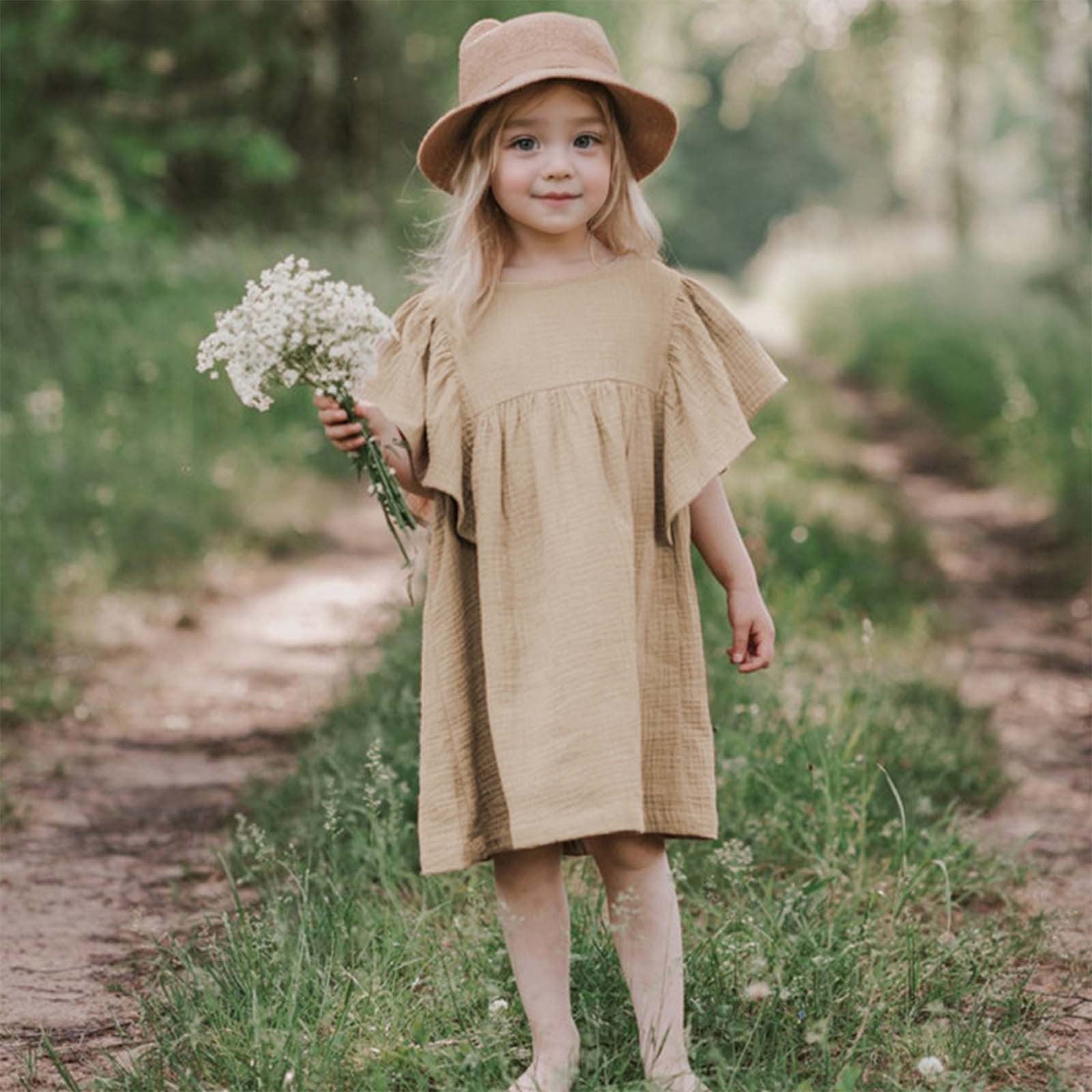 HOMADLES Big Girls Dress Solid Crewneck Linen Stretch Summer Loose Princess Dress  Dress Khaki 3 T - Walmart.com